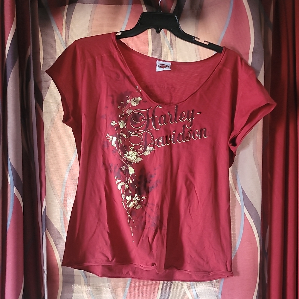 Harley-Davidson Women's Red Tee with Gold Floral Design